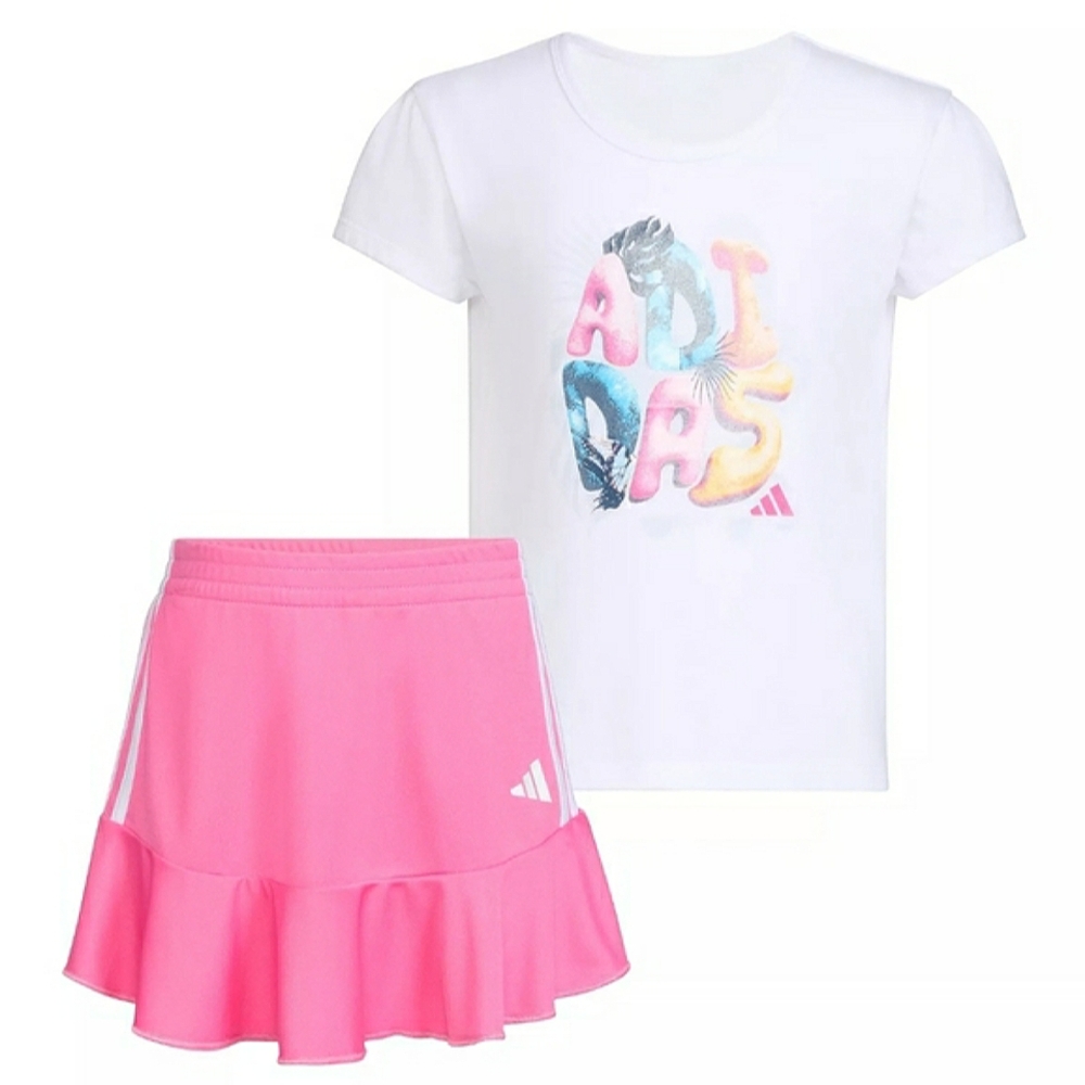 adidas Little Girls Graphic T-Shirt & Ruffled Skort Set